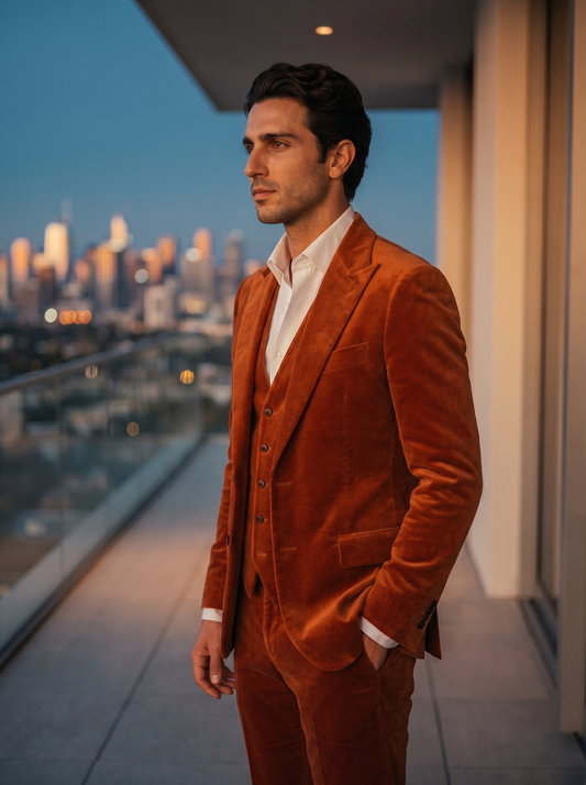 Orange Velvet 3-Piece Suit — Custom Made to Measure - side view