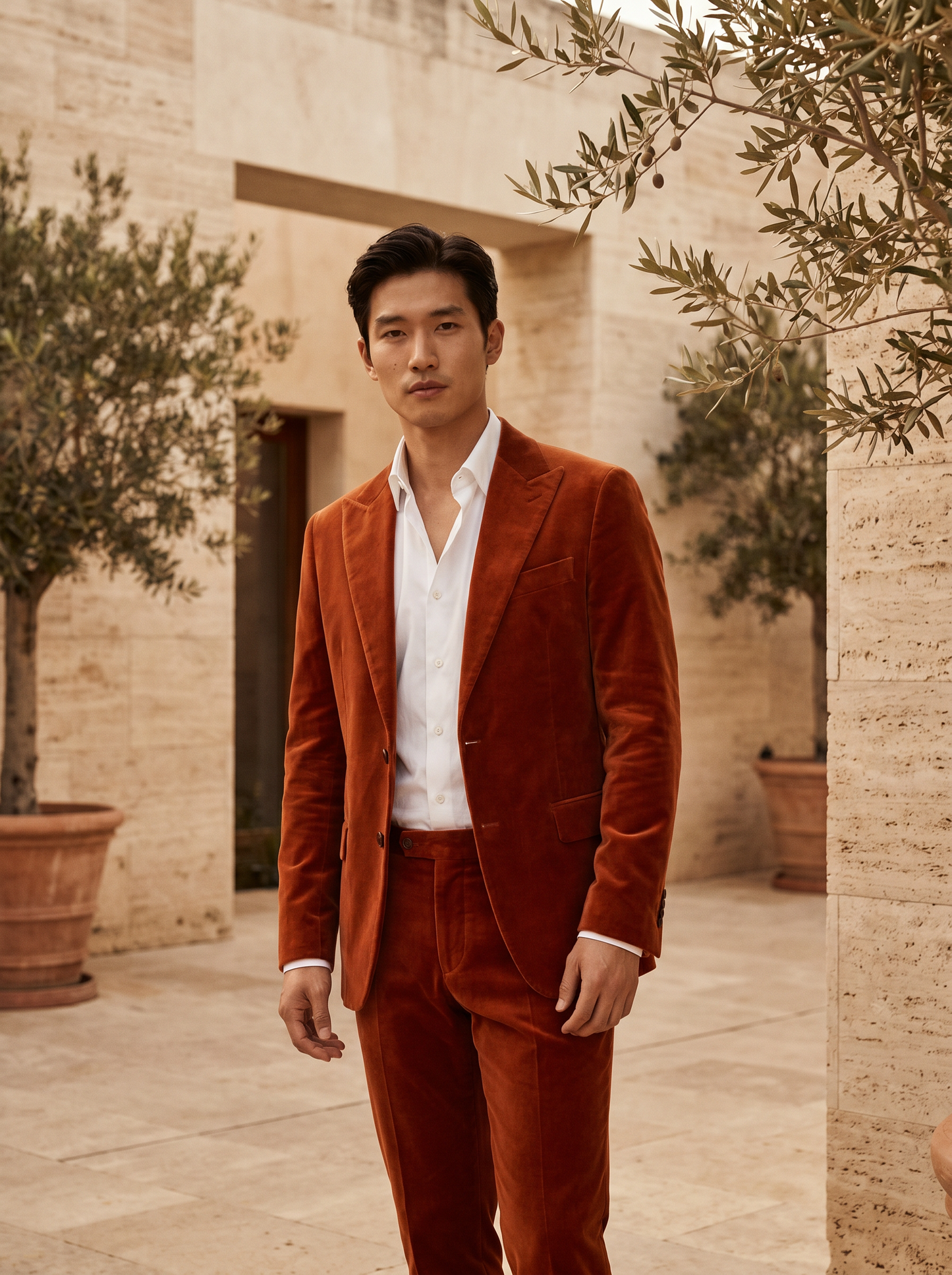 Orange Velvet Groomsmen Suit — Custom Made to Measure - front view