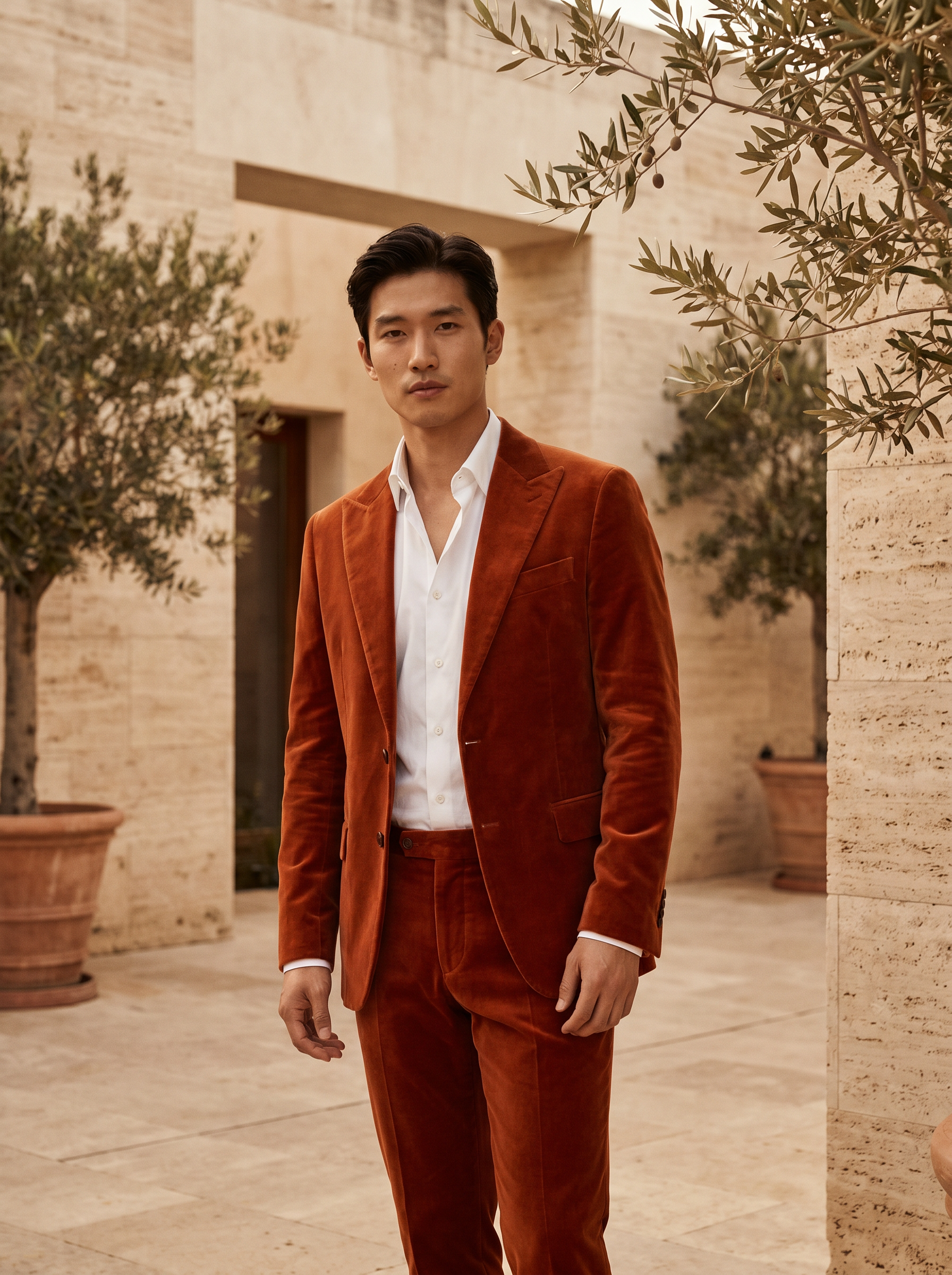 Orange Velvet Groomsmen Suit — Custom Made to Measure - front view
