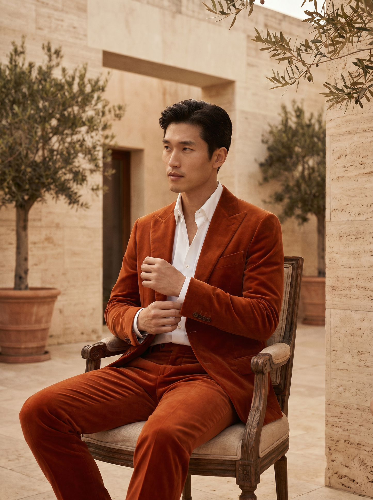 Orange Velvet Groomsmen Suit — Custom Made to Measure - seated view