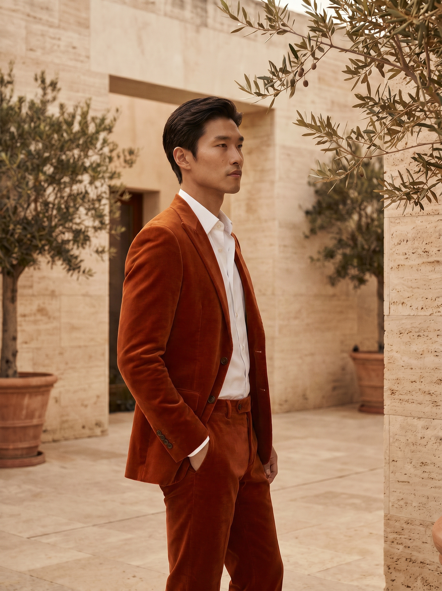 Orange Velvet Groomsmen Suit — Custom Made to Measure - side view