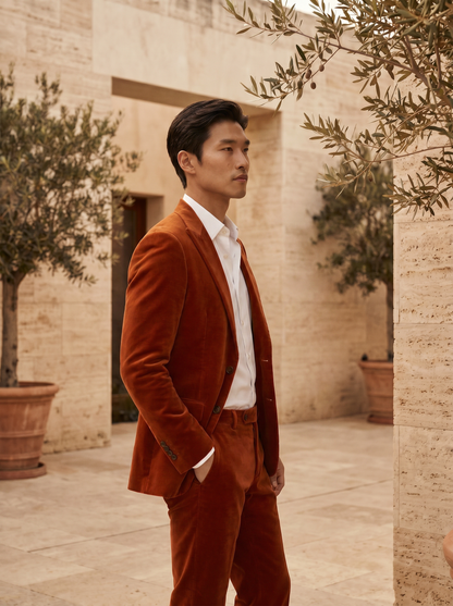 Orange Velvet Groomsmen Suit — Custom Made to Measure - side view