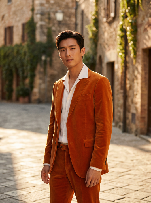 Orange Velvet Suit — Custom Made to Measure - front view