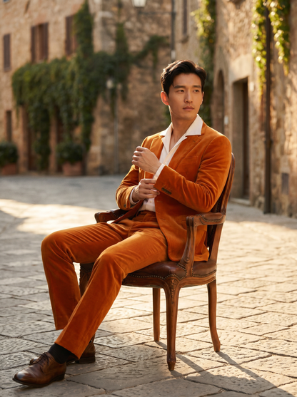 Orange Velvet Suit — Custom Made to Measure - seated view