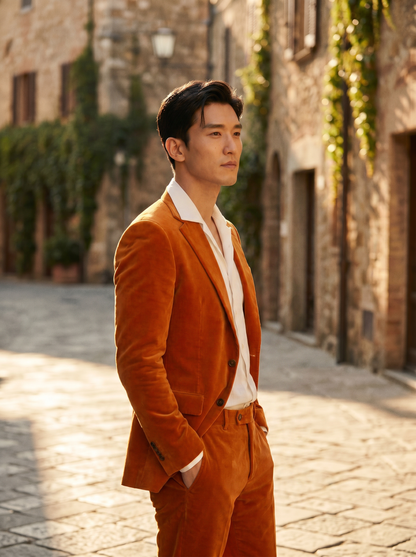 Orange Velvet Suit — Custom Made to Measure - side view