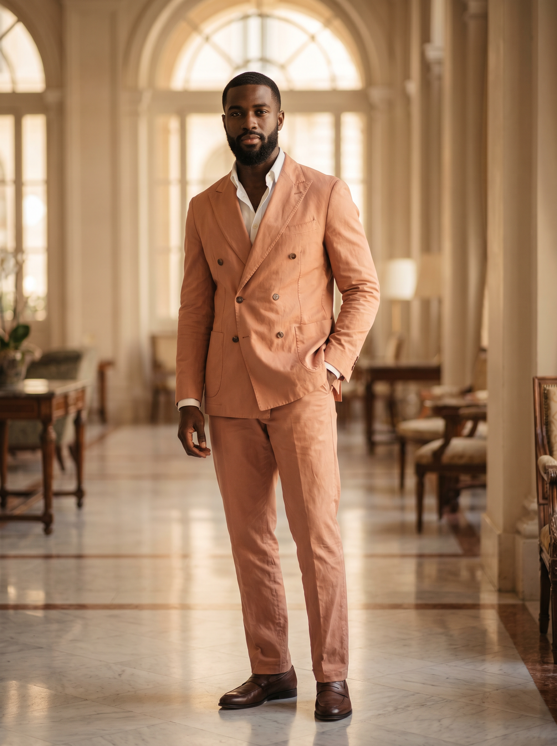 Peach Cotton Double Breasted Suit — Custom Made to Measure - front view