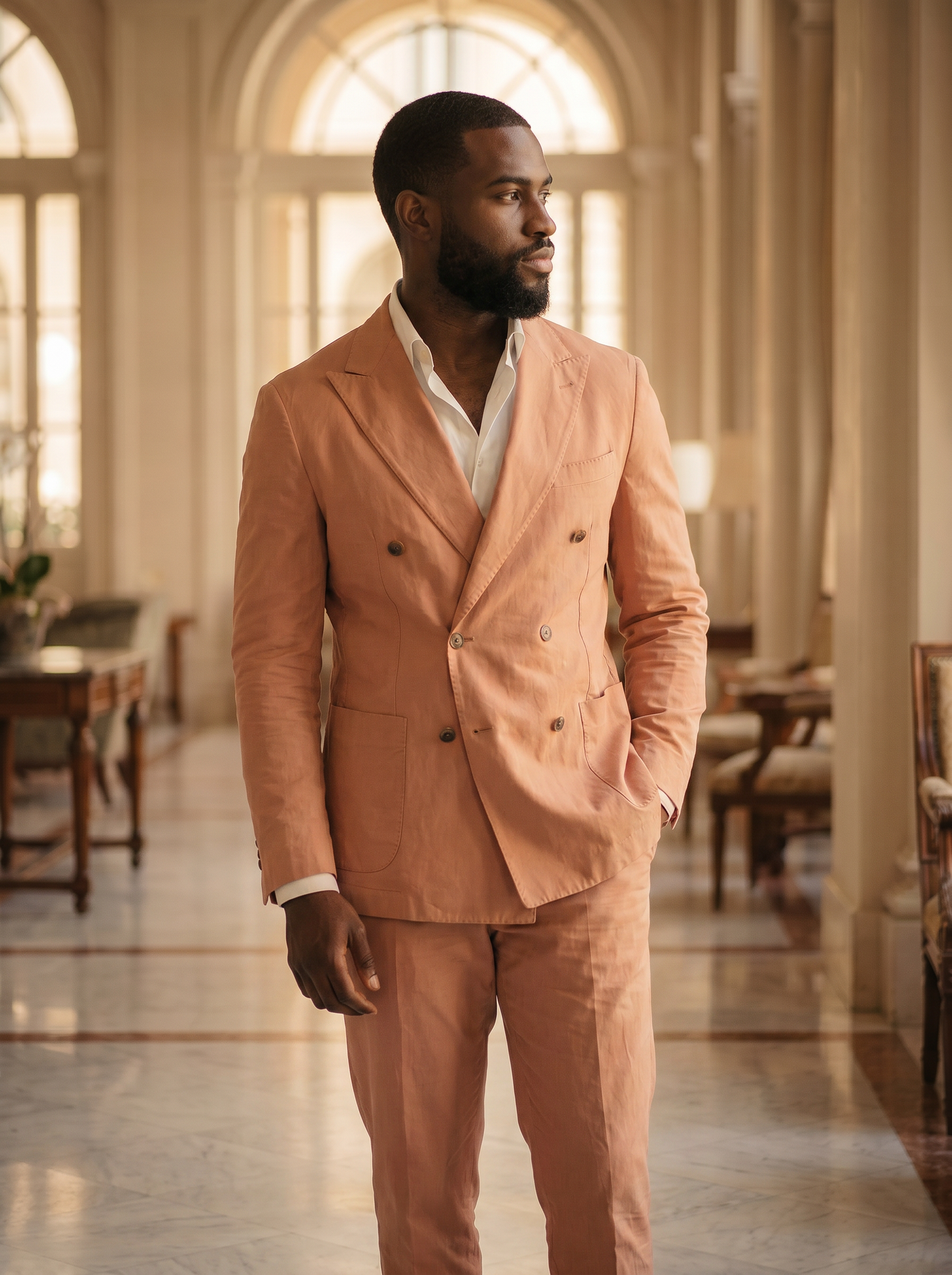 Peach Cotton Double Breasted Suit — Custom Made to Measure - side view