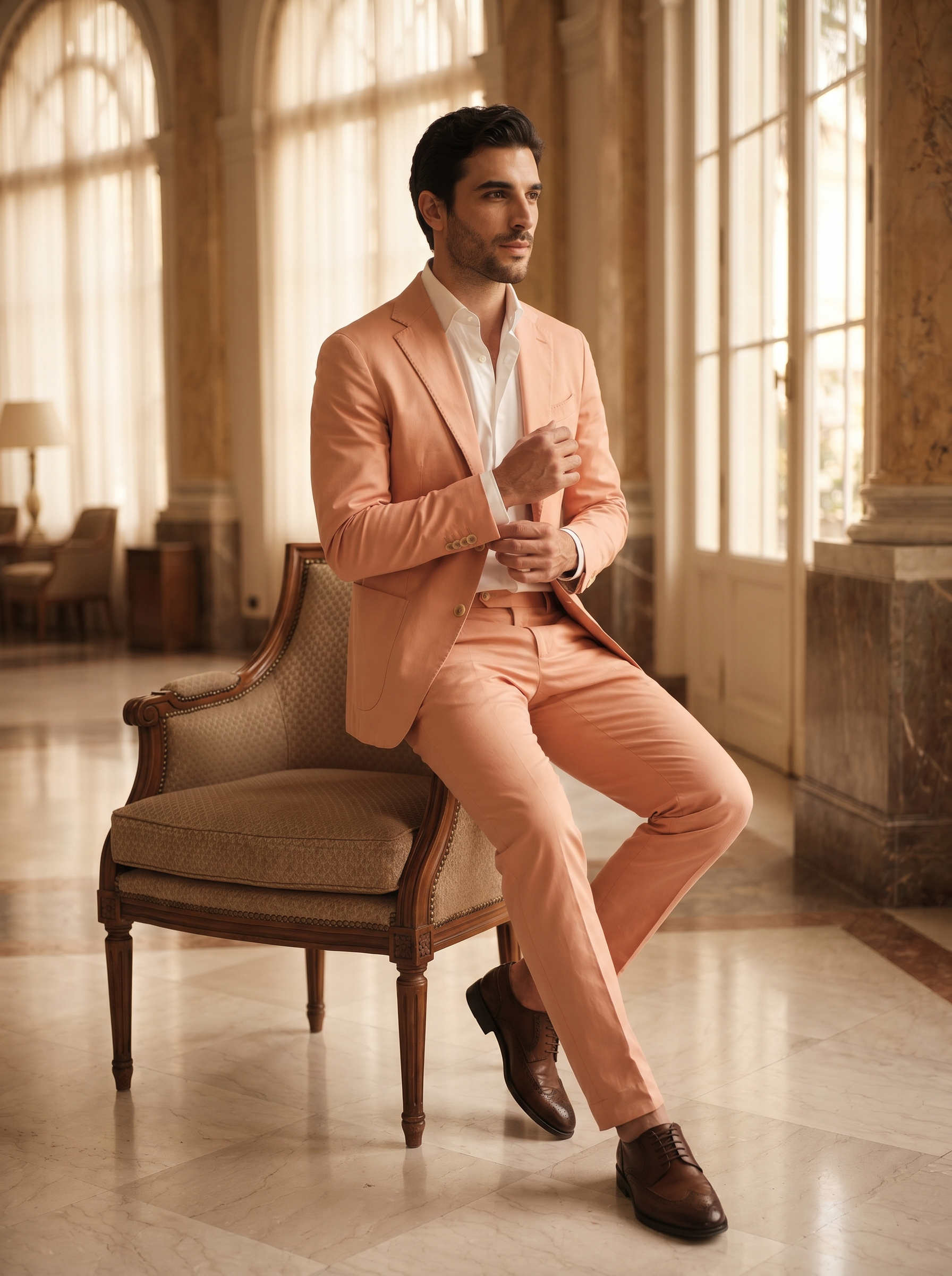 Peach Cotton Graduation Suit — Custom Made to Measure - seated view
