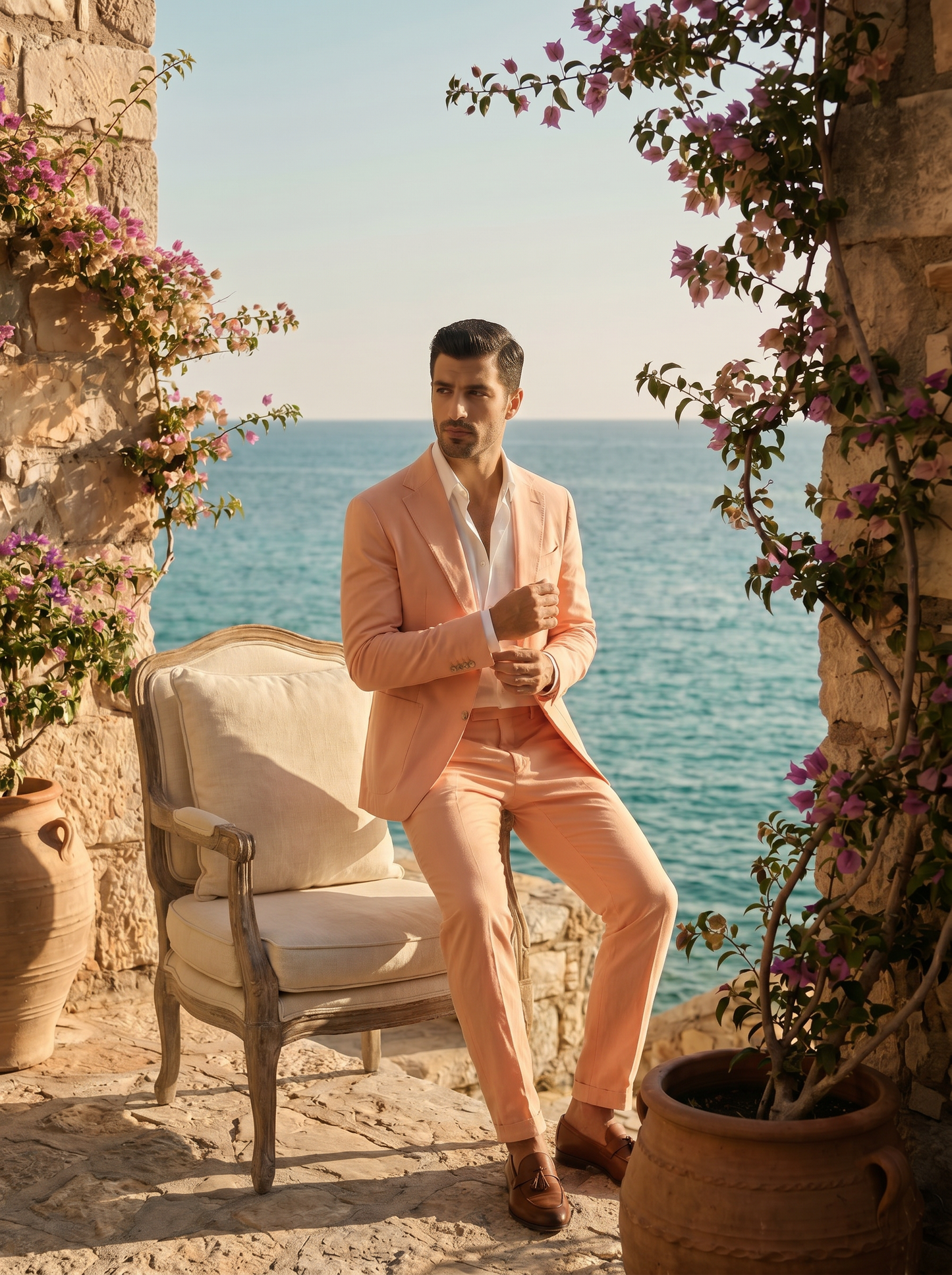 Peach Cotton Groomsmen Suit — Custom Made to Measure - seated view