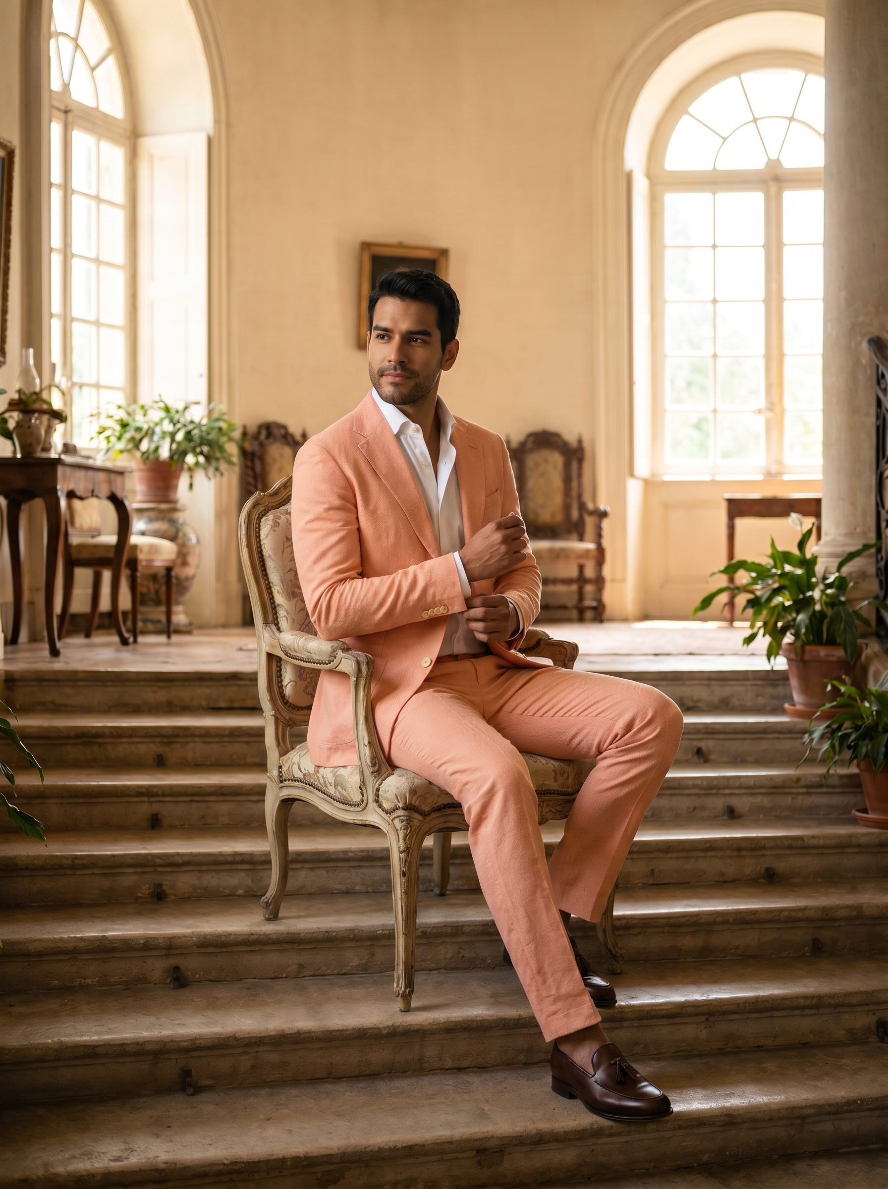 Peach Cotton Suit — Custom Made to Measure - seated view