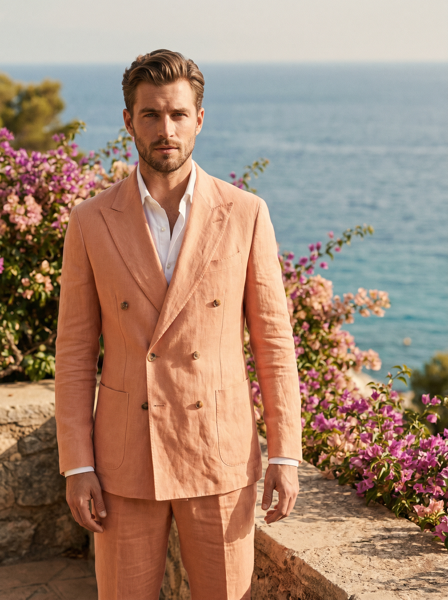 Peach Linen Double Breasted Suit — Custom Made to Measure - front view