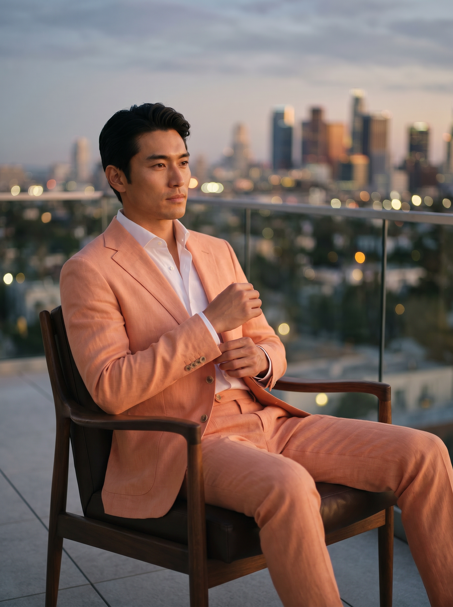 Peach Linen Groomsmen Suit — Custom Made to Measure - seated view
