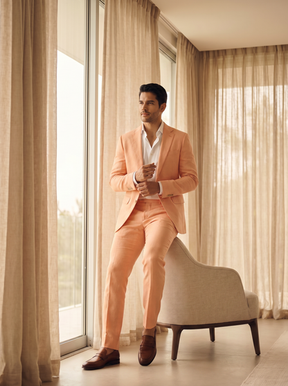 Peach Linen Suit — Custom Made to Measure - seated view