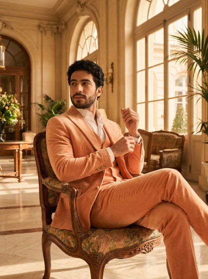 Peach Velvet 3-Piece Suit — Custom Made to Measure - seated view