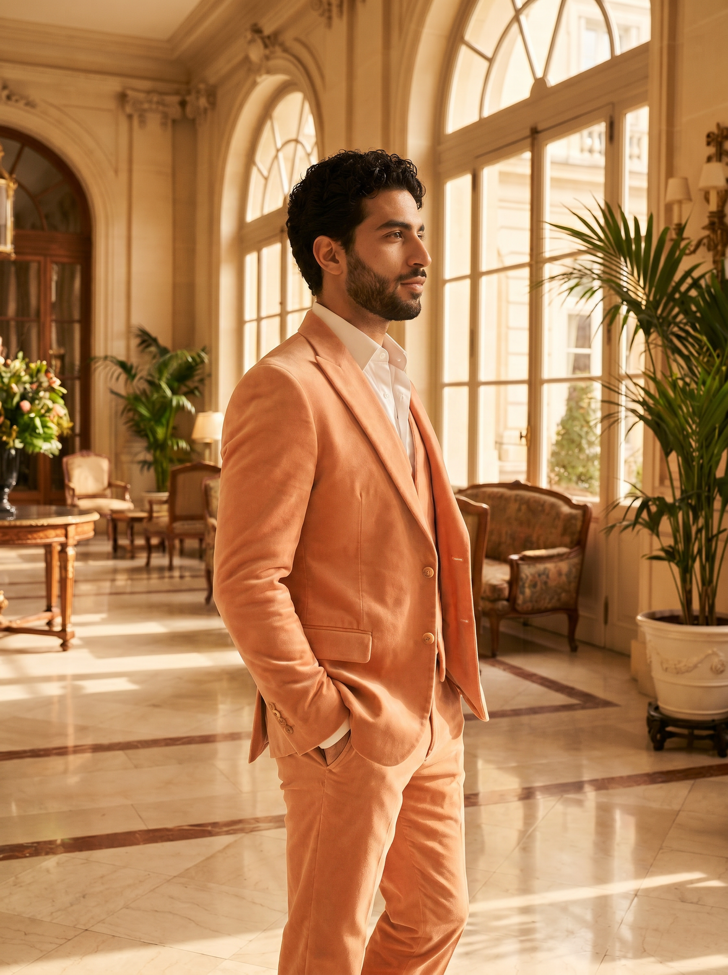 Peach Velvet 3-Piece Suit — Custom Made to Measure - side view