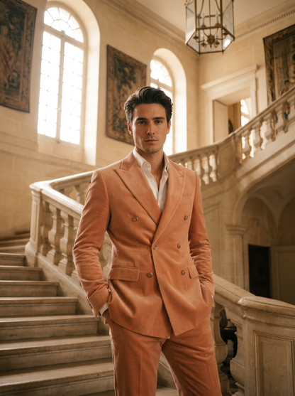 Peach Velvet Double Breasted Suit — Custom Made to Measure - front view