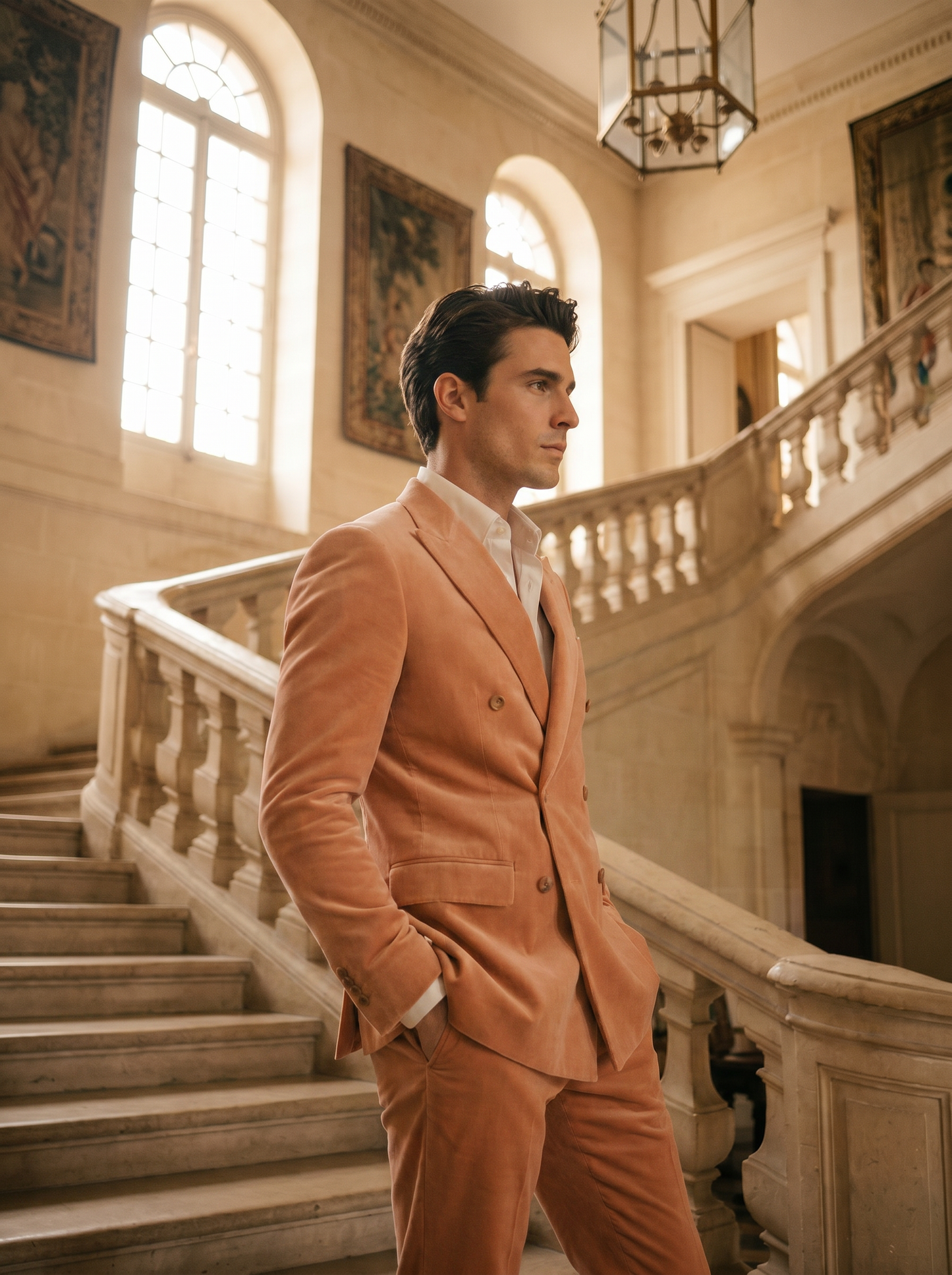 Peach Velvet Double Breasted Suit — Custom Made to Measure - side view