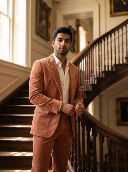 Peach Velvet Groomsmen Suit — Custom Made to Measure - front view