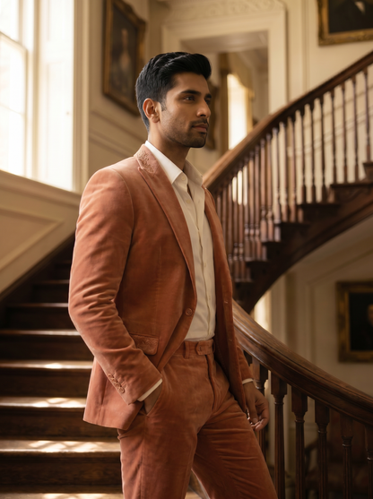 Peach Velvet Groomsmen Suit — Custom Made to Measure - side view