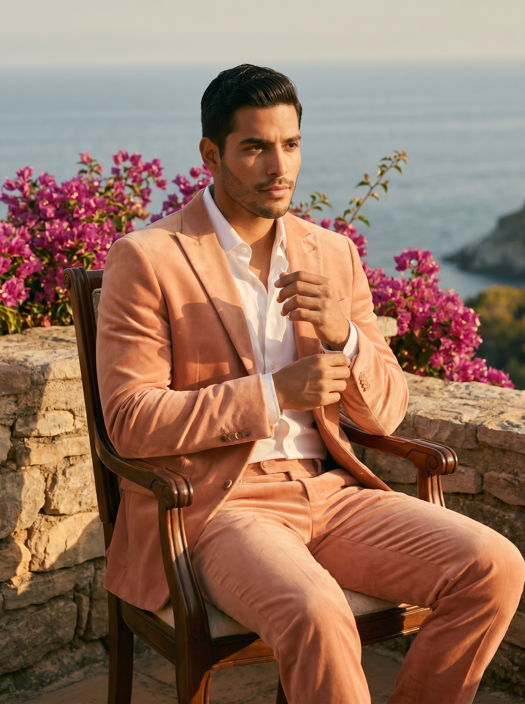 Peach Velvet Suit — Custom Made to Measure - seated view
