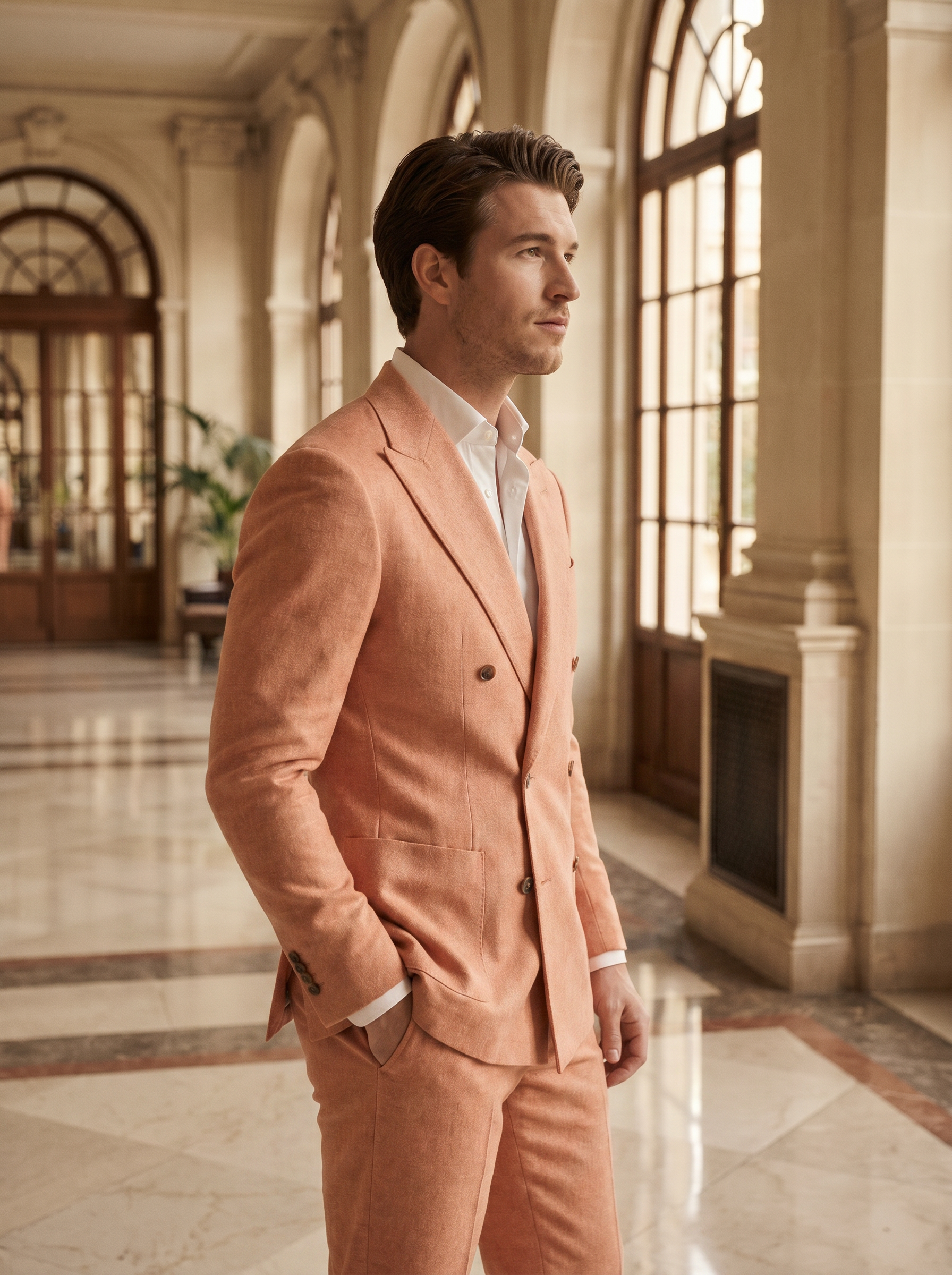 Peach Wool Double Breasted Suit — Custom Made to Measure - side view