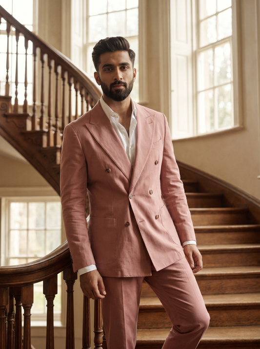 Pink Cotton Double Breasted Suit — Custom Made to Measure - front view