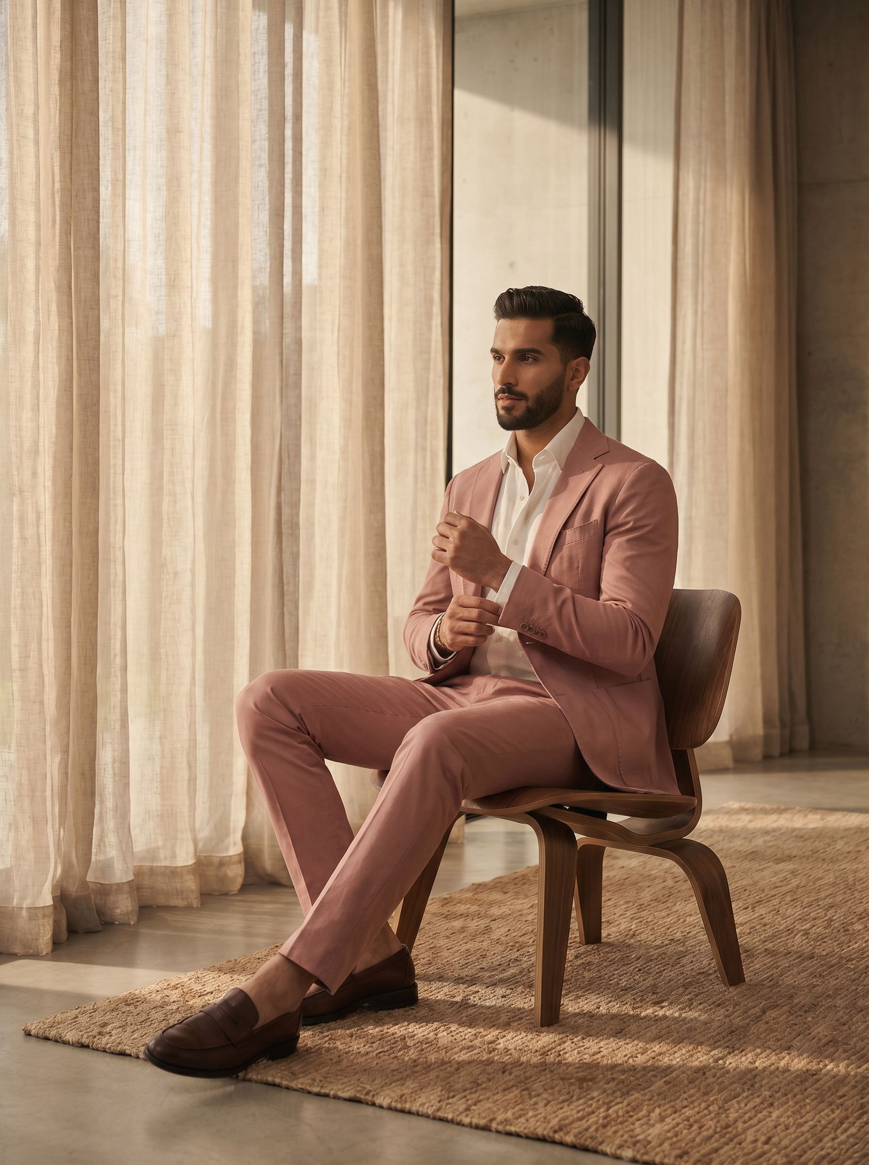 Pink Cotton Suit — Custom Made to Measure - seated view