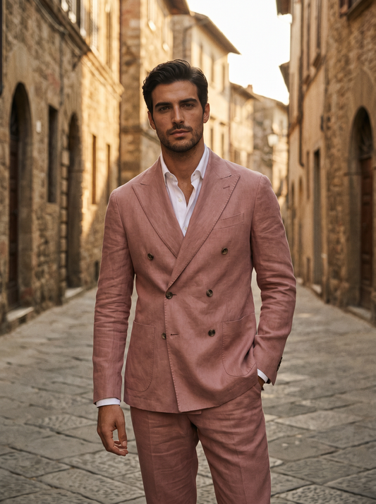 Pink Linen Double Breasted Suit — Custom Made to Measure - front view
