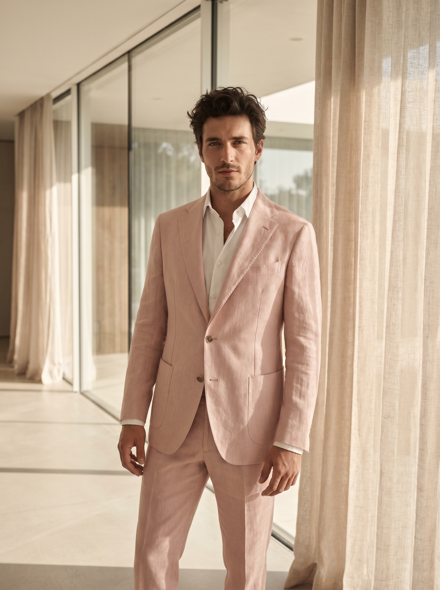 Pink Linen Groomsmen Suit — Custom Made to Measure - front view