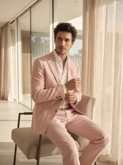 Pink Linen Groomsmen Suit — Custom Made to Measure - seated view