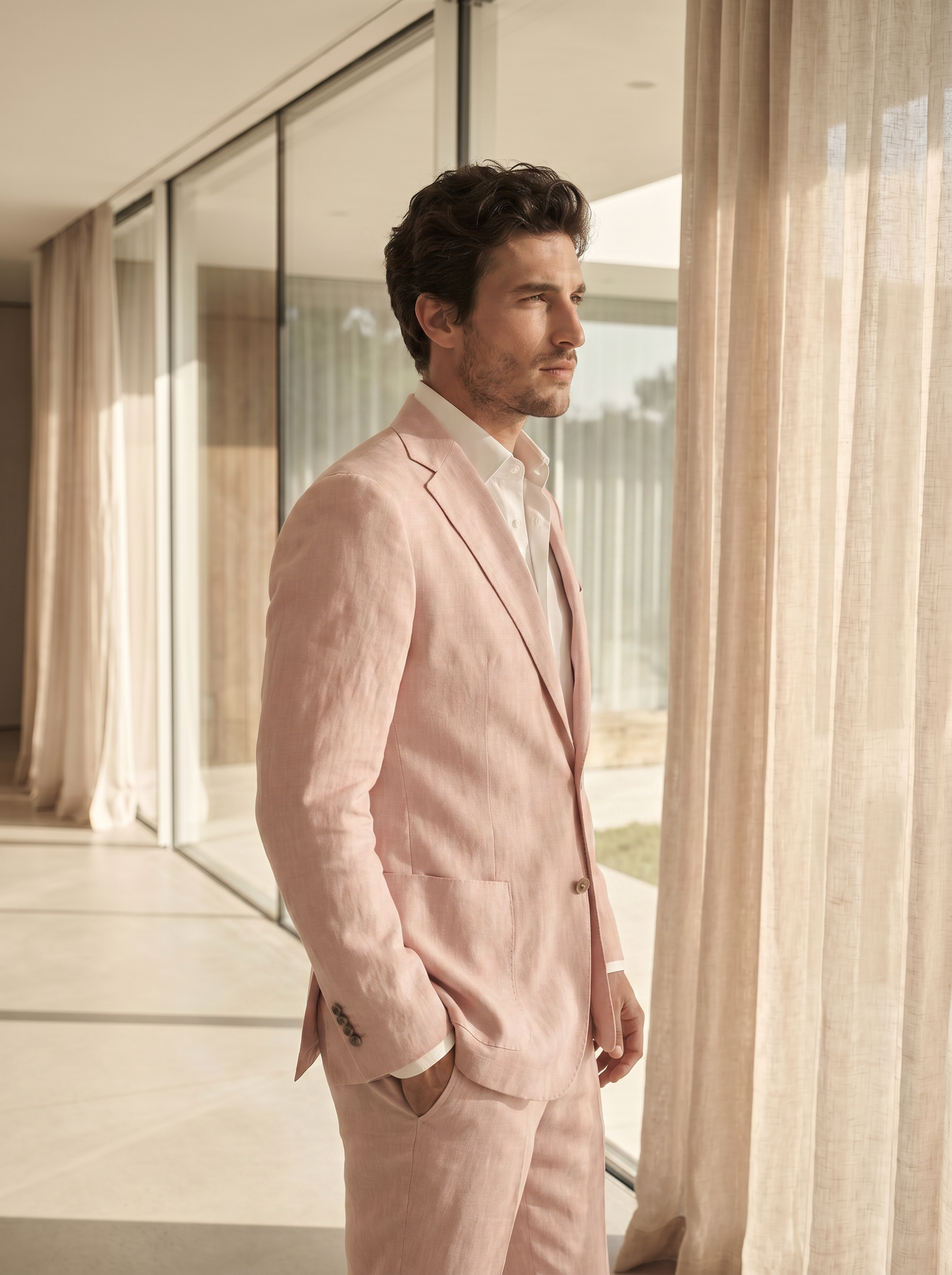 Pink Linen Groomsmen Suit — Custom Made to Measure - side view