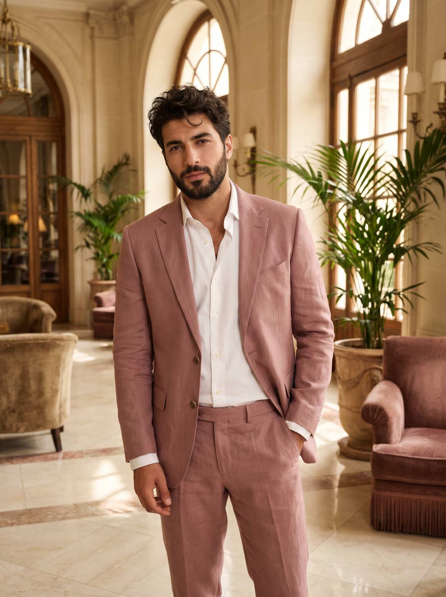 Pink Linen Suit — Custom Made to Measure - front view