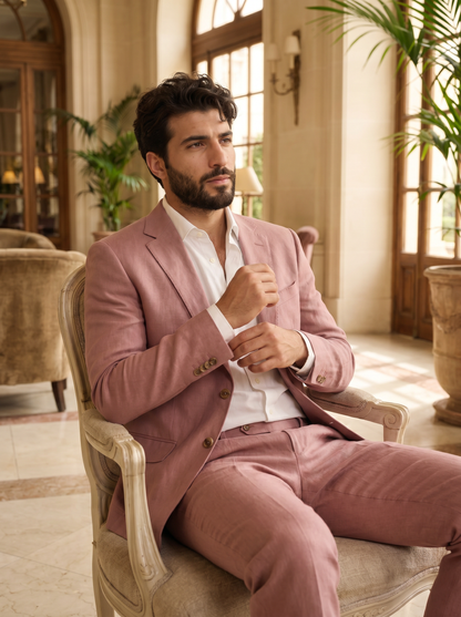 Pink Linen Suit — Custom Made to Measure - seated view