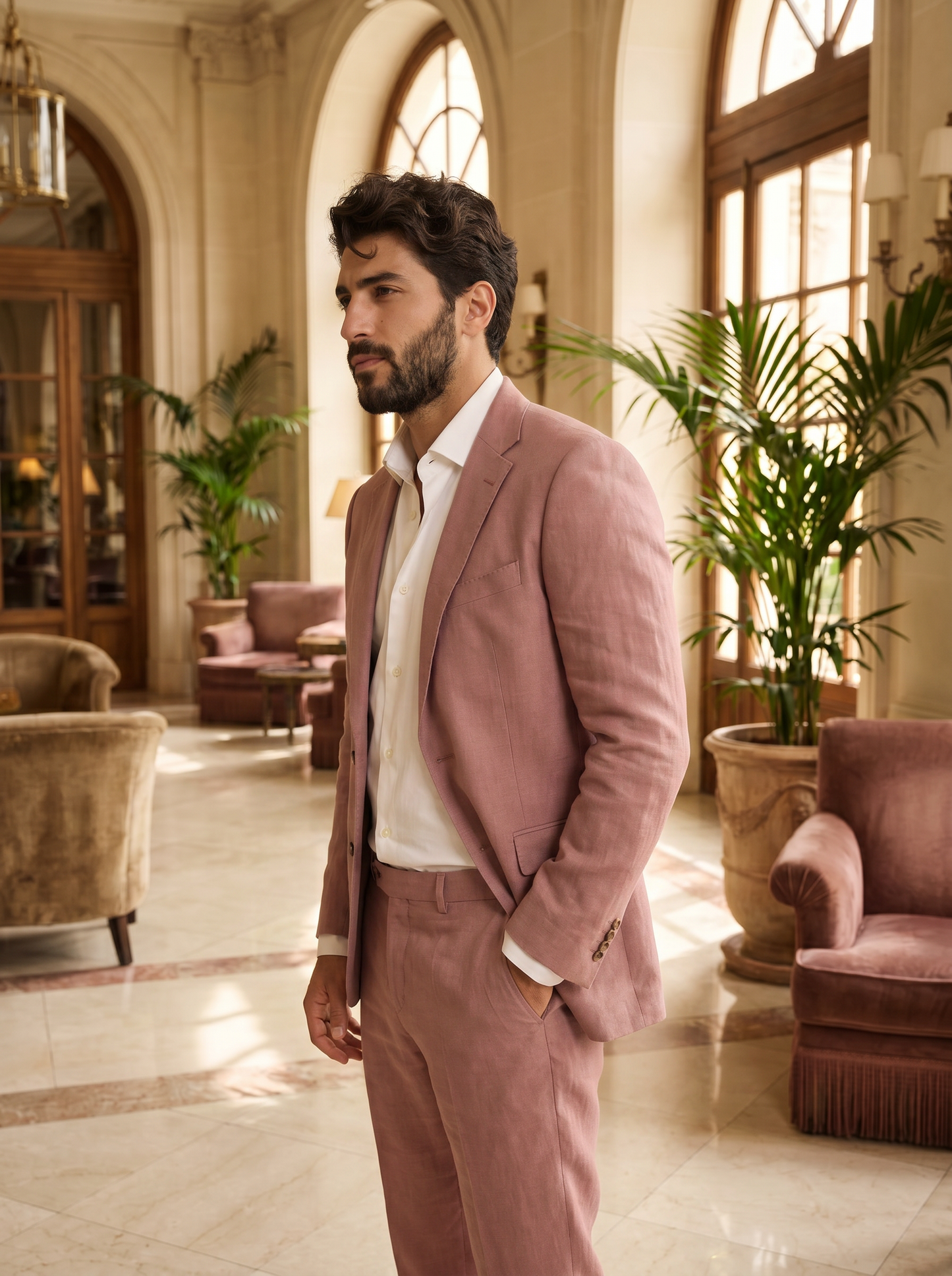 Pink Linen Suit — Custom Made to Measure - side view