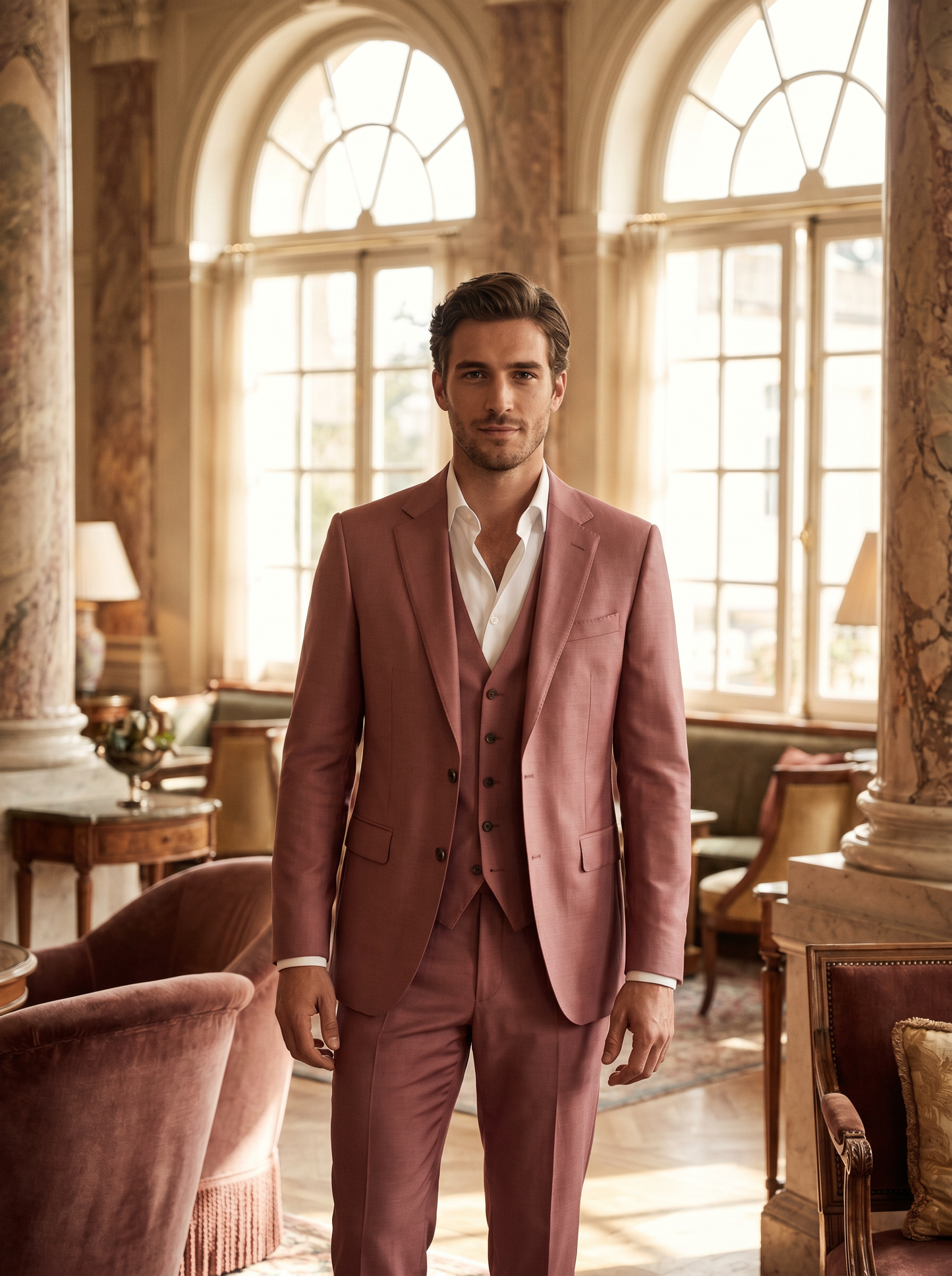 Pink Silk Blend 3-Piece Suit — Custom Made to Measure - front view