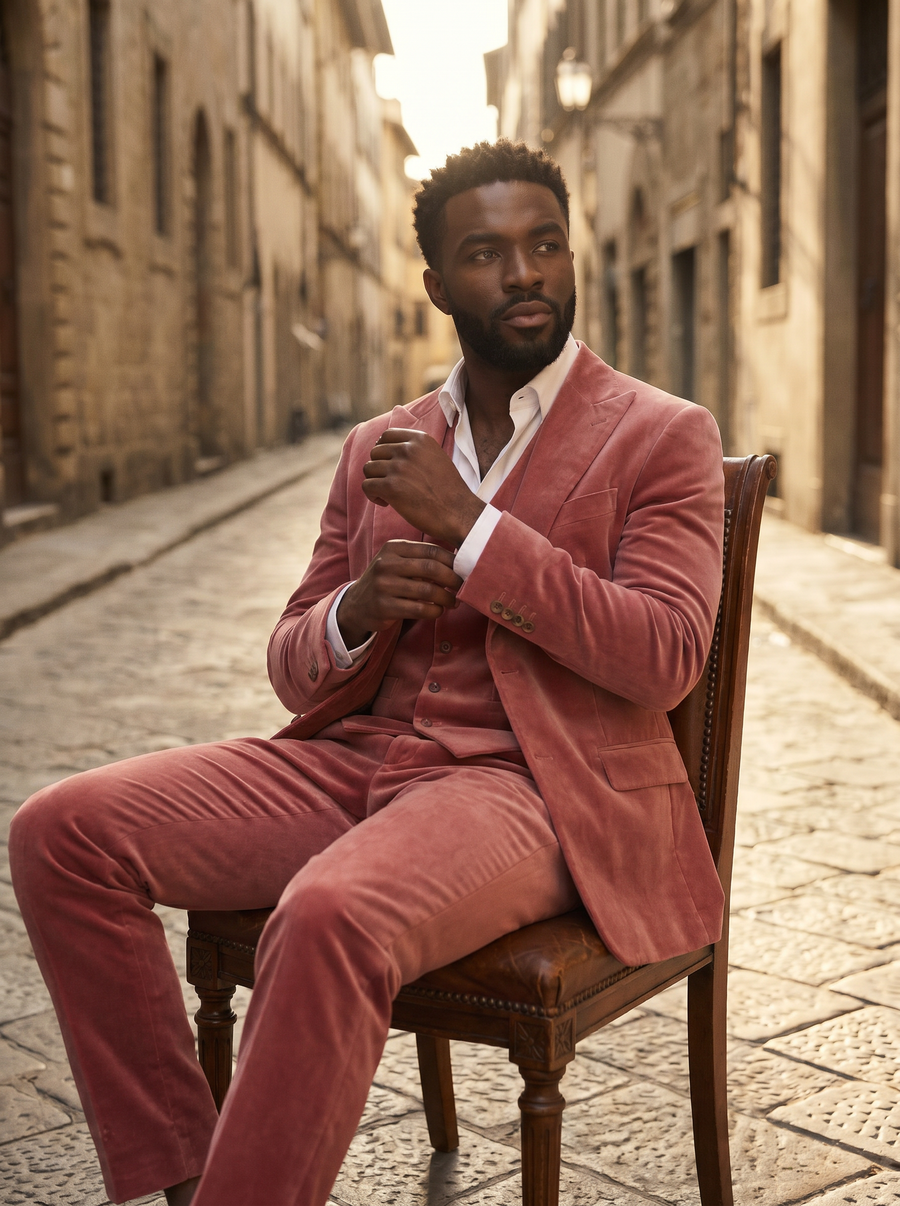 Pink Velvet 3-Piece Suit — Custom Made to Measure - seated view