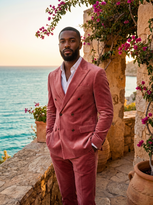Pink Velvet Double Breasted Suit — Custom Made to Measure - front view