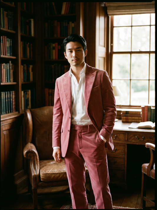 Pink Velvet Groomsmen Suit — Custom Made to Measure - front view