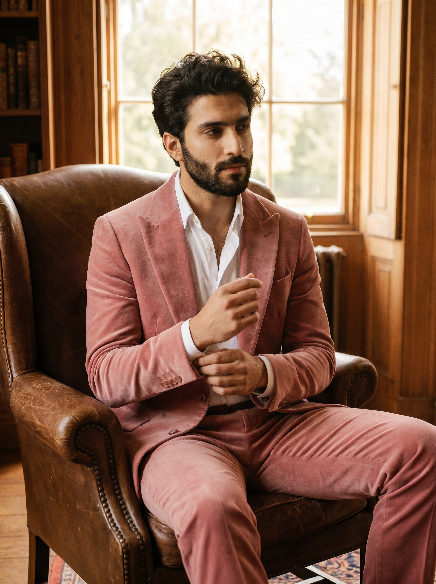 Pink Velvet Suit — Custom Made to Measure - seated view