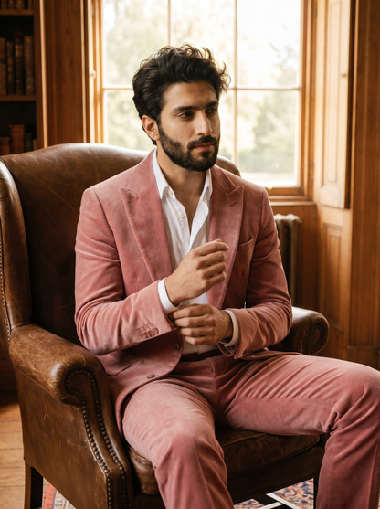 Pink Velvet Suit — Custom Made to Measure - seated view