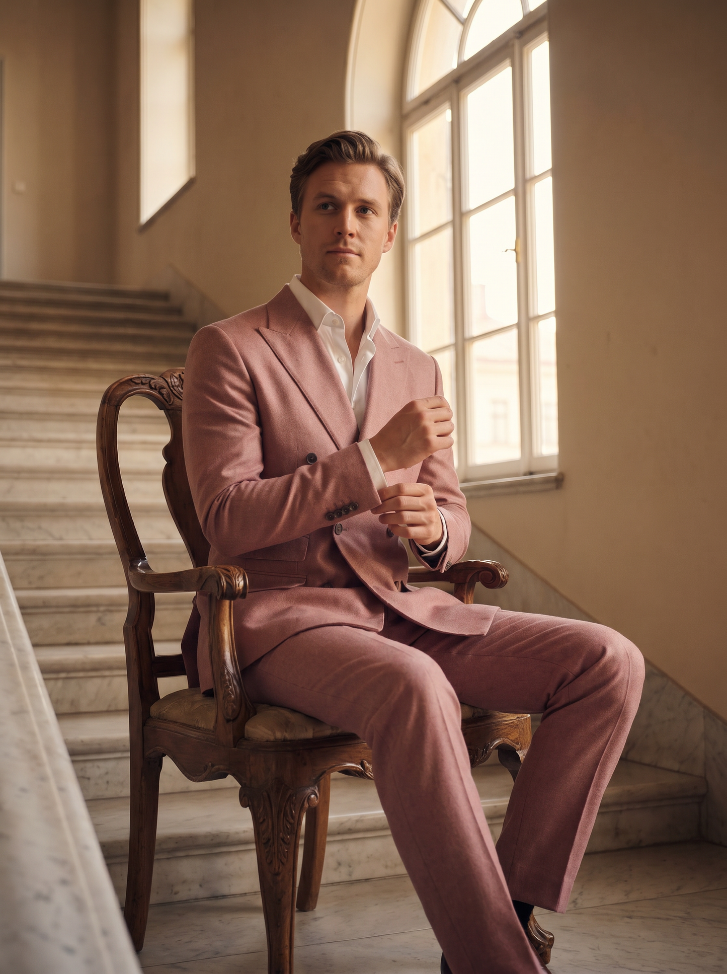 Pink Wool Double Breasted Suit — Custom Made to Measure - seated view