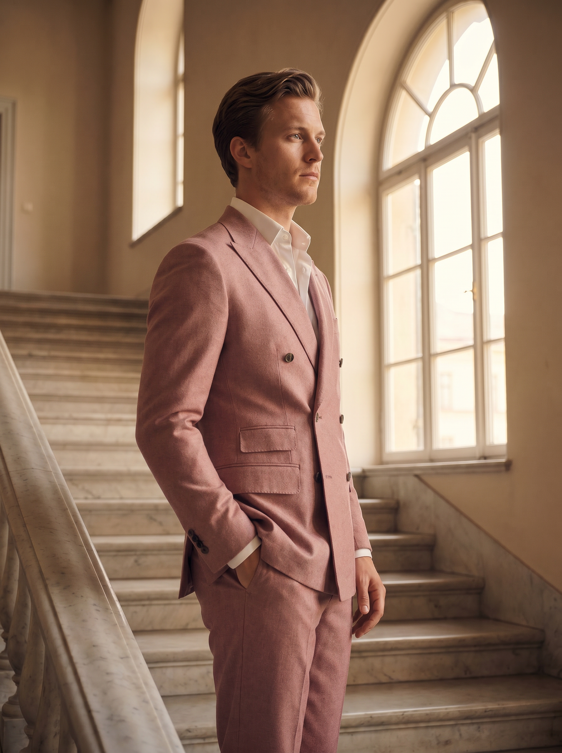 Pink Wool Double Breasted Suit — Custom Made to Measure - side view