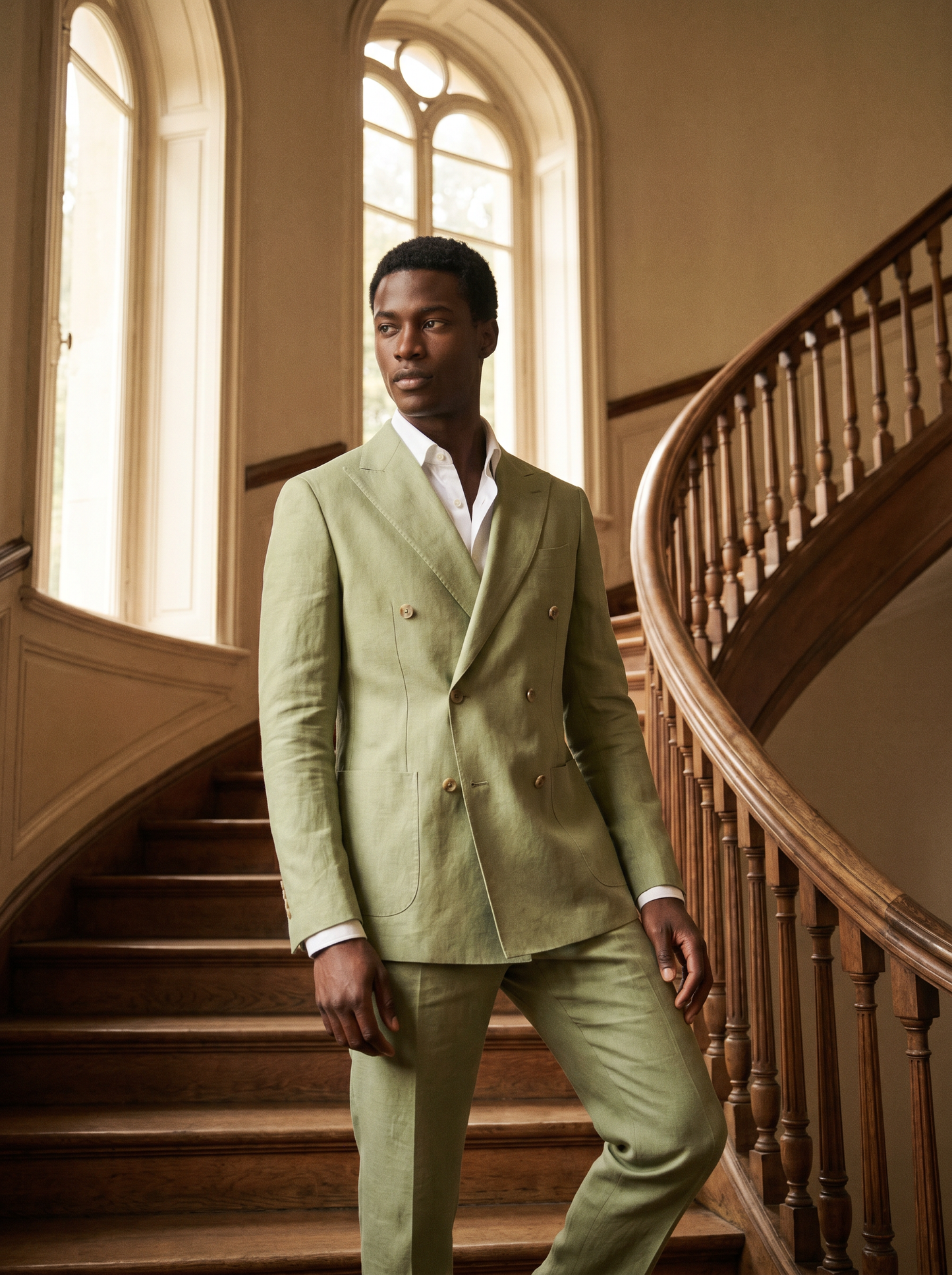 Pistachio Linen Double Breasted Suit — Custom Made to Measure - front view