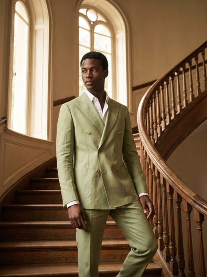 Pistachio Linen Double Breasted Suit — Custom Made to Measure - front view