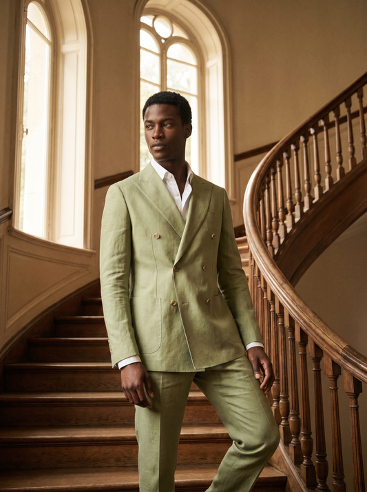 Pistachio Linen Double Breasted Suit — Custom Made to Measure - front view