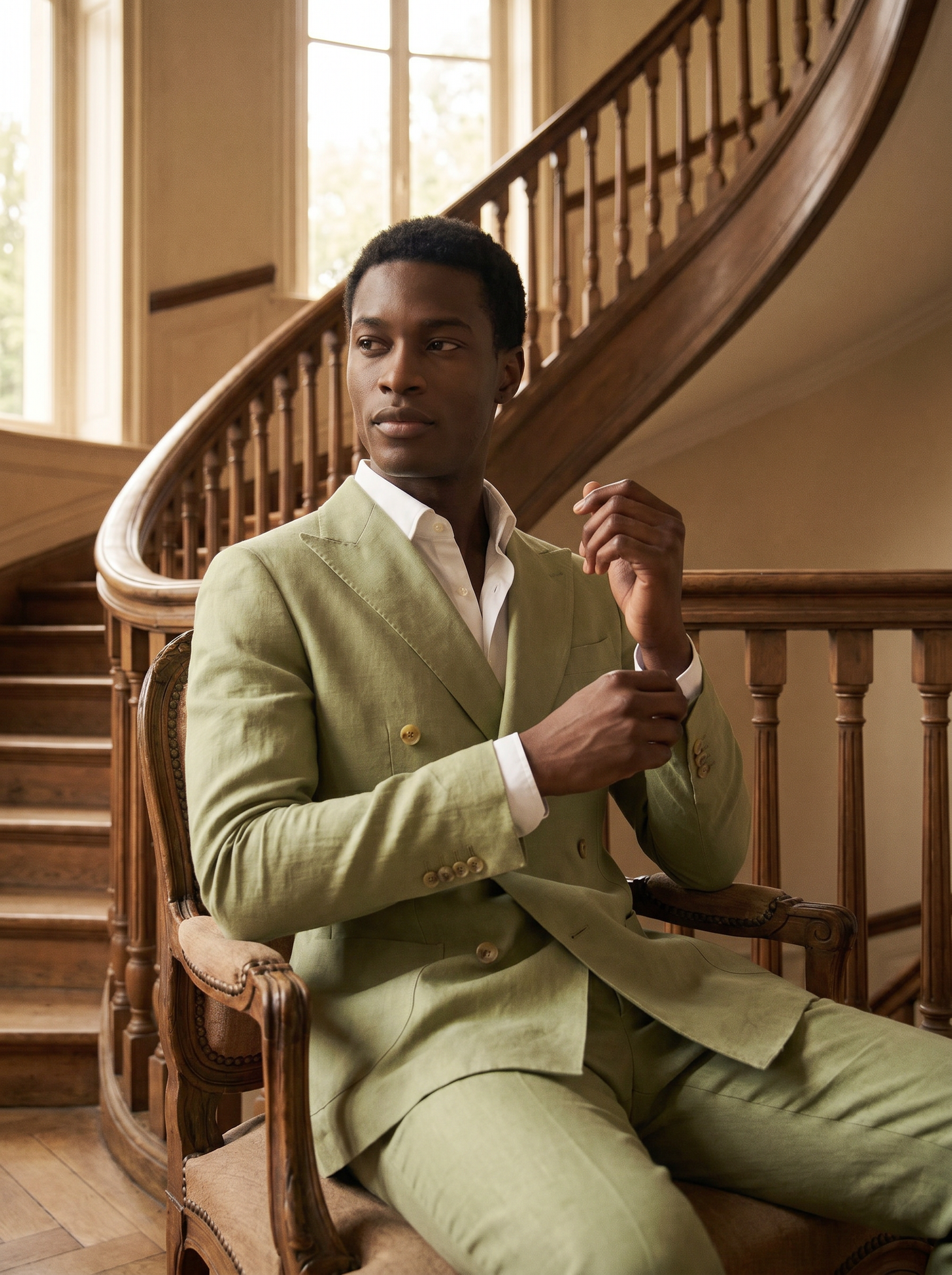 Pistachio Linen Double Breasted Suit — Custom Made to Measure - seated view