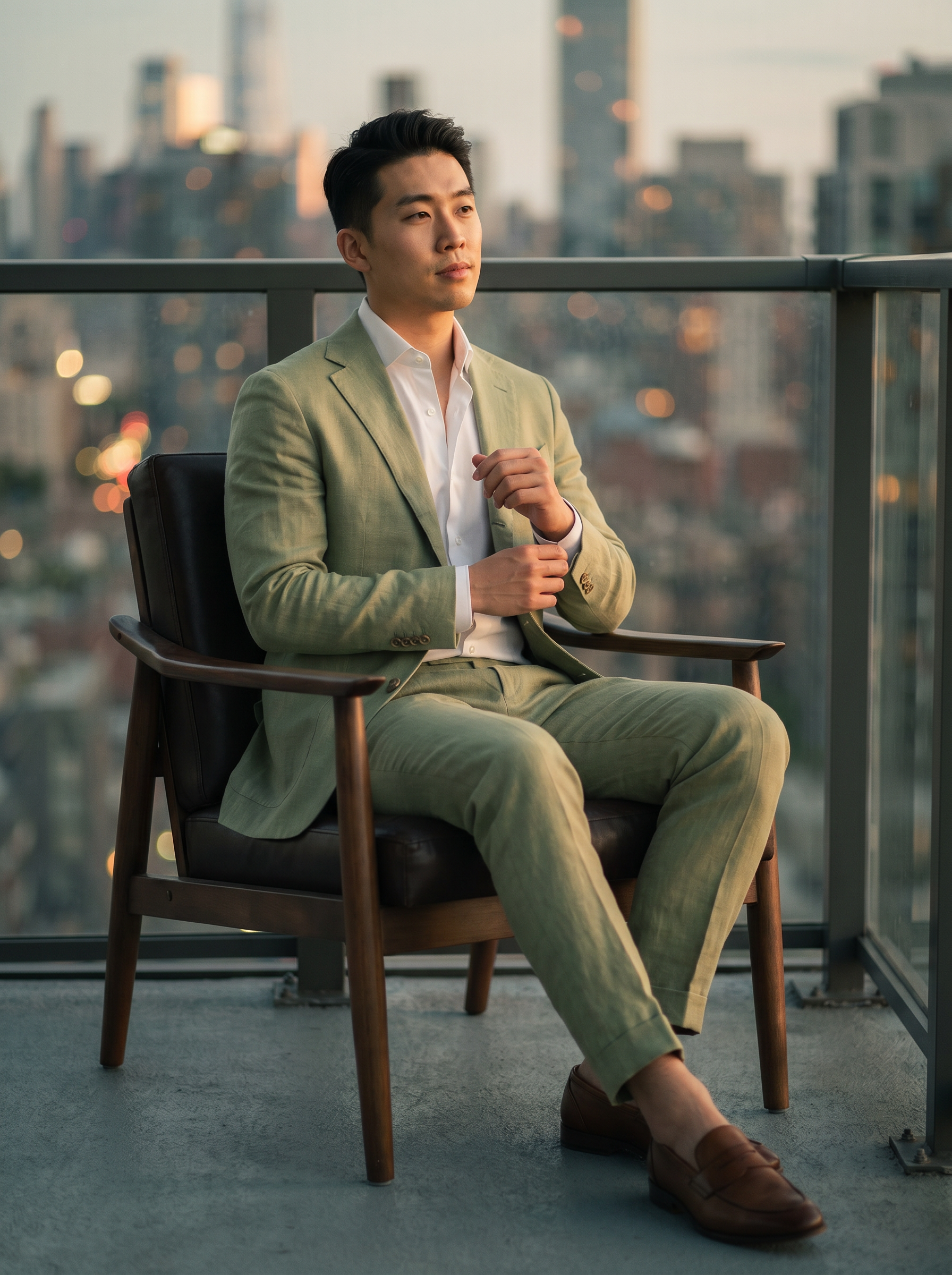 Pistachio Linen Groomsmen Suit — Custom Made to Measure - seated view