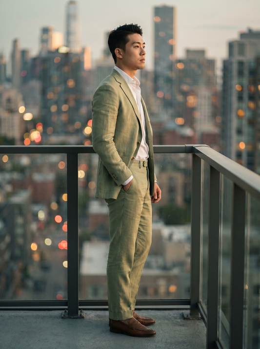 Pistachio Linen Groomsmen Suit — Custom Made to Measure - side view