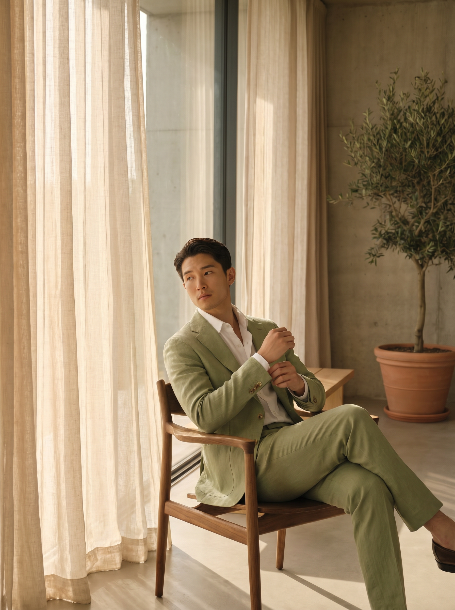 Pistachio Linen Suit — Custom Made to Measure - seated view