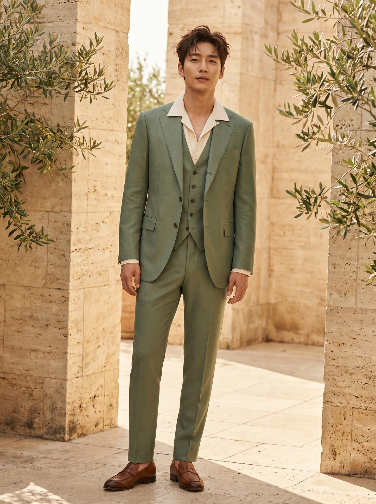 Pistachio Silk Blend 3-Piece Suit — Custom Made to Measure - front view